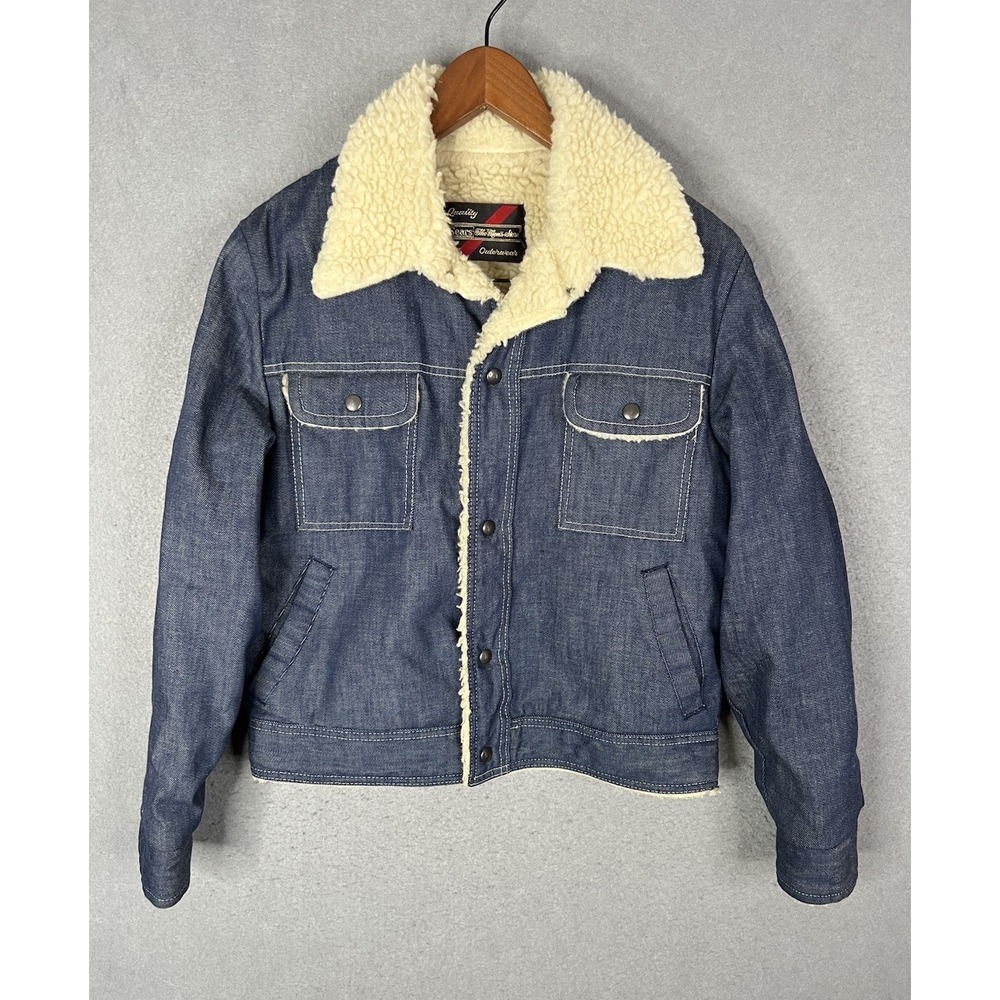 VINTAGE 70s Sears Roebuck Denim Jacket Med Sherpa Fleece Trucker Western
